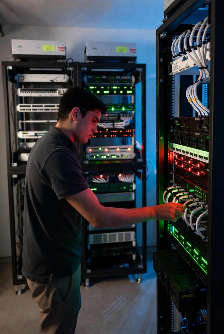 Technician managing enterprise server infrastructure in Auckland datacenter